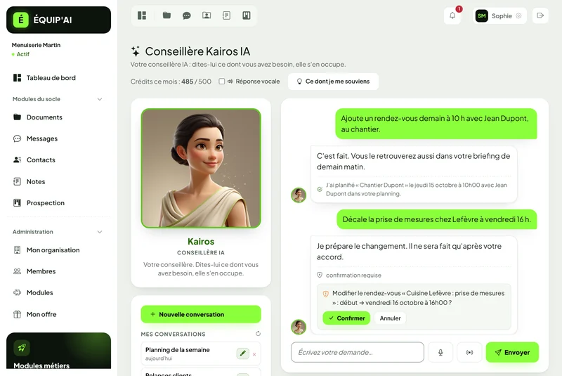 Page Kairos de l'application : un rendez-vous avec Jean Dupont créé directement, puis le déplacement d'un autre rendez-vous qui attend les boutons Confirmer ou Annuler