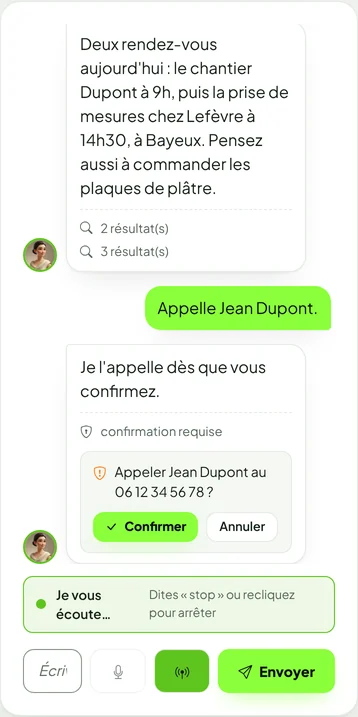 Kairos sur téléphone : elle résume les deux rendez-vous du jour, puis demande confirmation avant d'appeler Jean Dupont. Le mode mains libres affiche « Je vous écoute ».