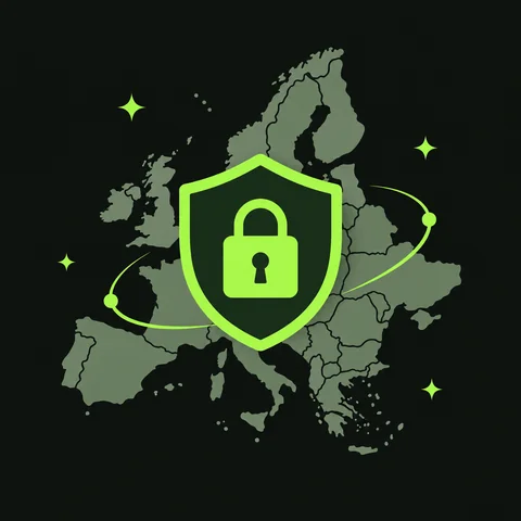 Carte de l'Europe avec, en son centre, un bouclier frappé d'un cadenas